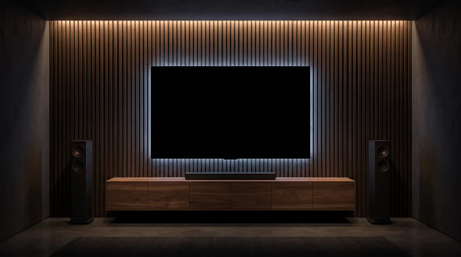 Sfeerbeeld: een donkere woonkamer met een groot televisiescherm in een wand van eikenhouten lamellen, twee staande luidsprekers links en rechts en een zwevend notenhouten dressoir met soundbar.