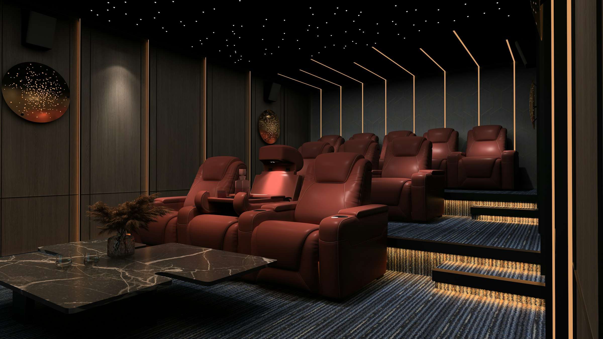 Ontwerpvisualisatie: rode leren relaxfauteuils op treden in een donkere thuisbioscoop met een sterrenhemel.