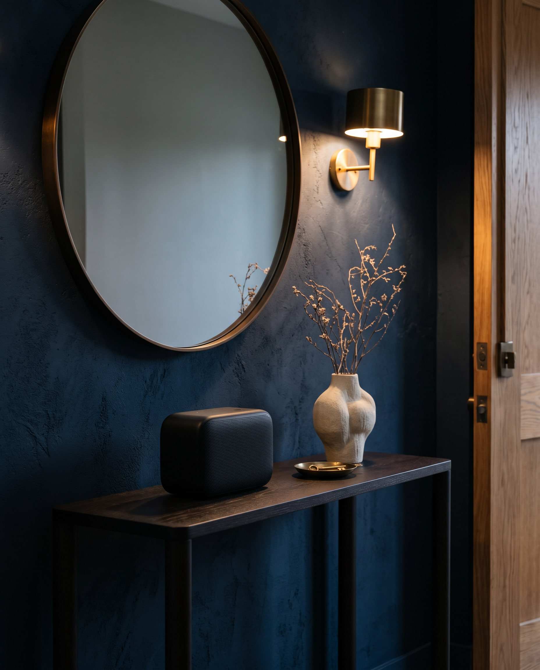 Sfeerbeeld: een zwarte speaker op een smalle eikenhouten consoletafel in de hal, tegen een donkerblauwe wand met een ronde spiegel.