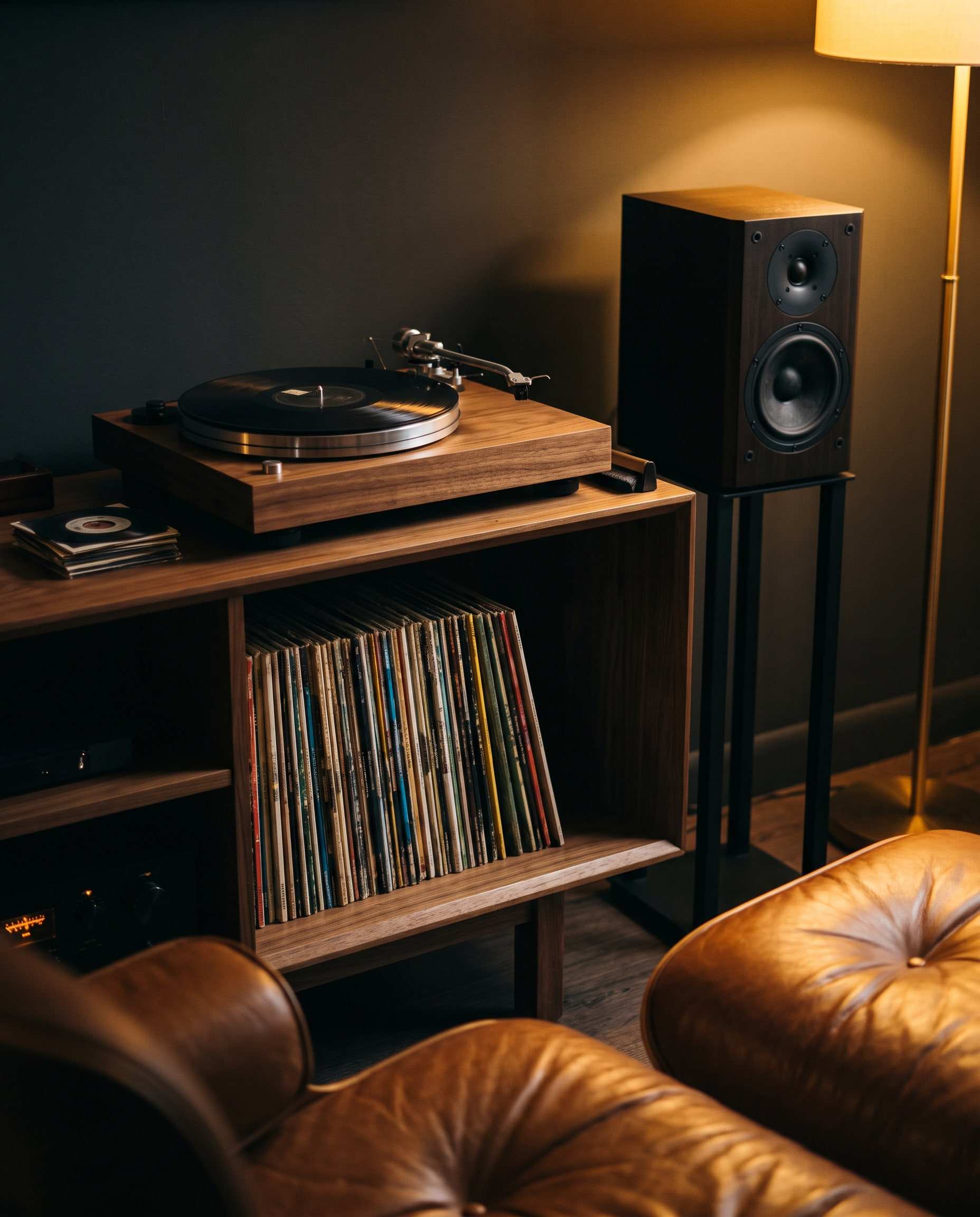 Sfeerbeeld: een platenspeler op een notenhouten kast vol lp’s, met een boekenplankspeaker en een leren fauteuil in lamplicht.