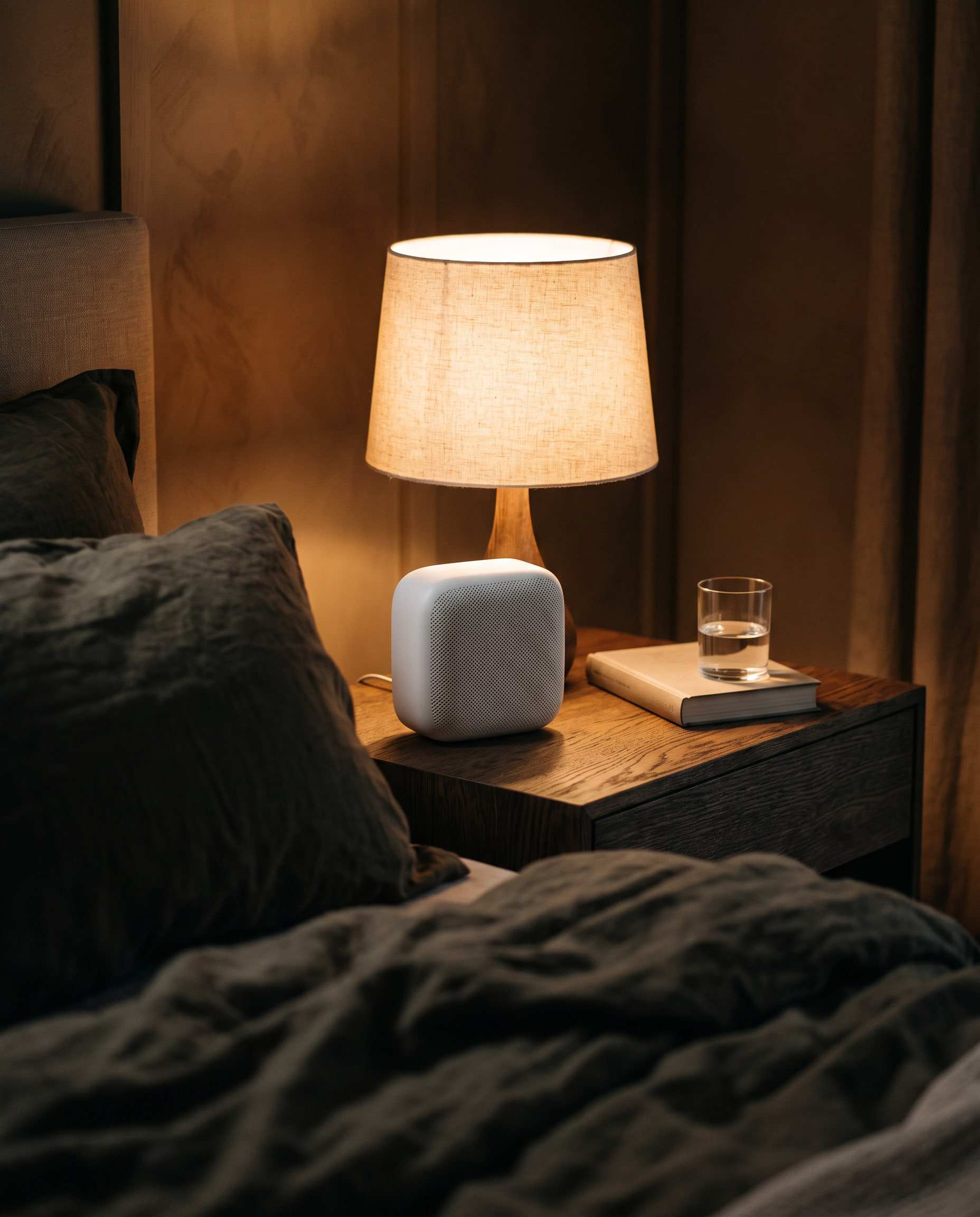 Sfeerbeeld: een compacte witte speaker op een nachtkastje naast een brandende lamp, een boek en een glas water.