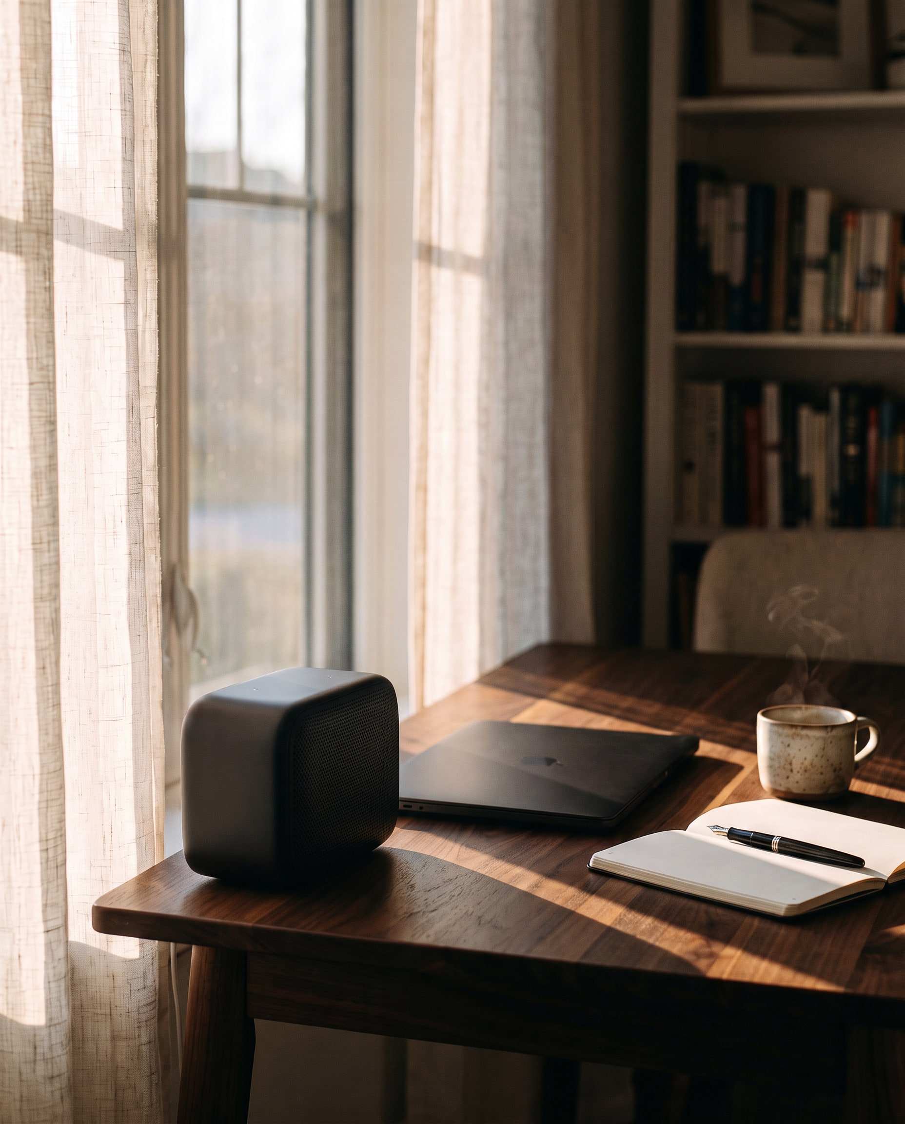 Sfeerbeeld: een compacte speaker op een notenhouten bureau bij het raam, naast een laptop, een notitieboek en een kop koffie.