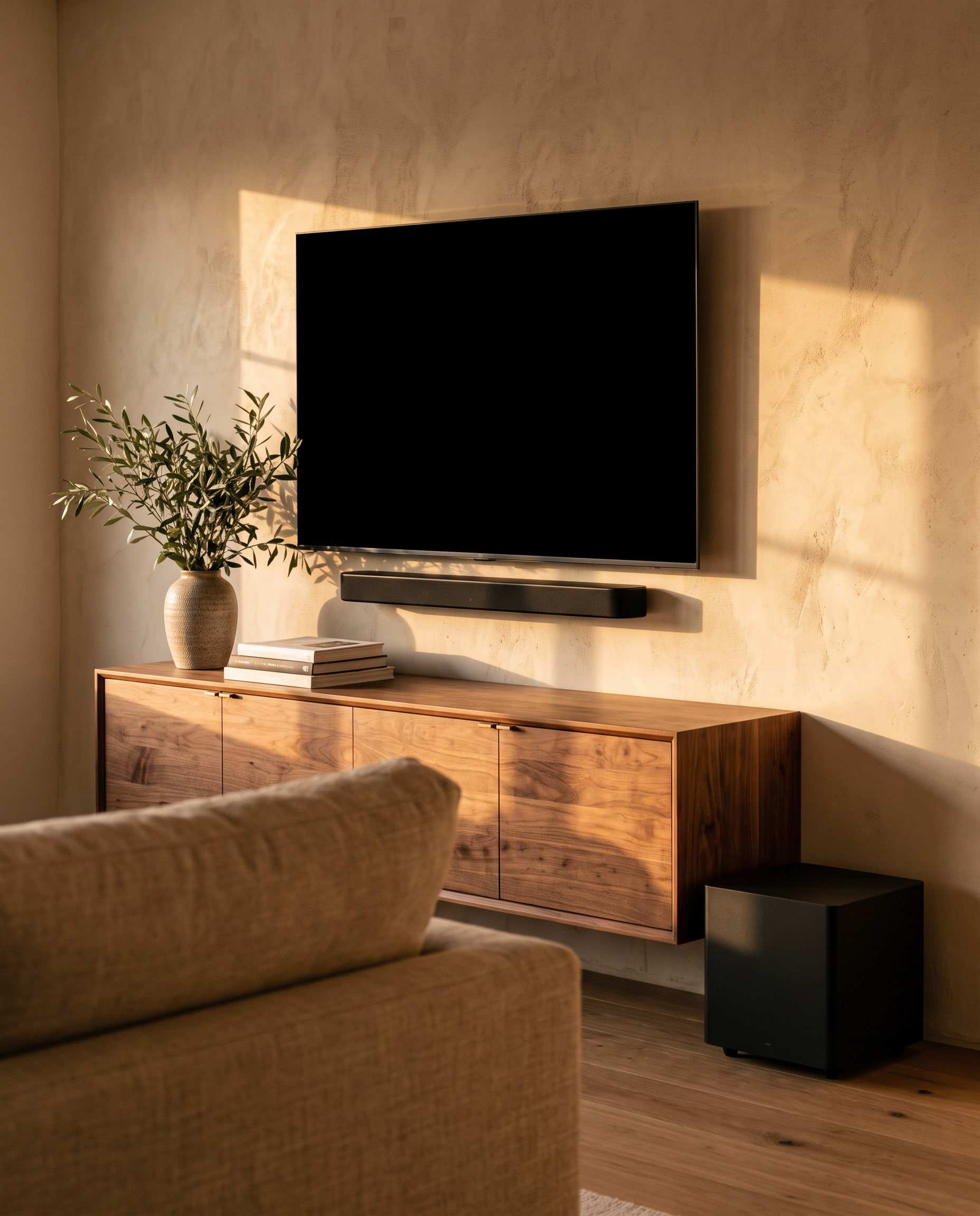 Sfeerbeeld: een soundbar onder een tv aan de wand, een notenhouten dressoir en een subwoofer in warm avondlicht.