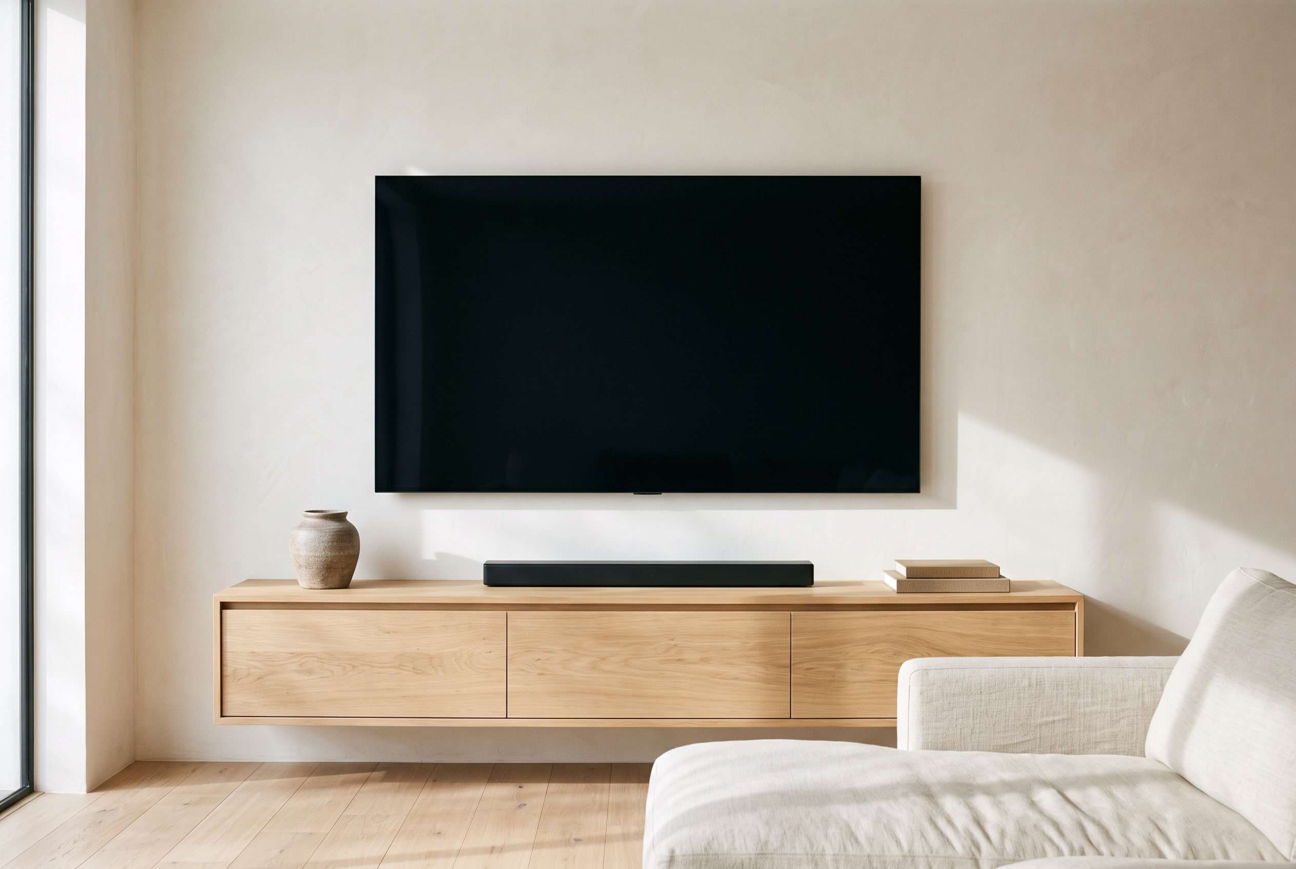 Na: dezelfde wand met de televisie strak en waterpas aan de muur, een zwevend eikenhouten dressoir met soundbar eronder en geen kabel in zicht.